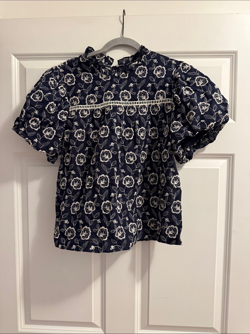 Pinch Navy Floral Puff-Sleeve Blouse with Lace Trim